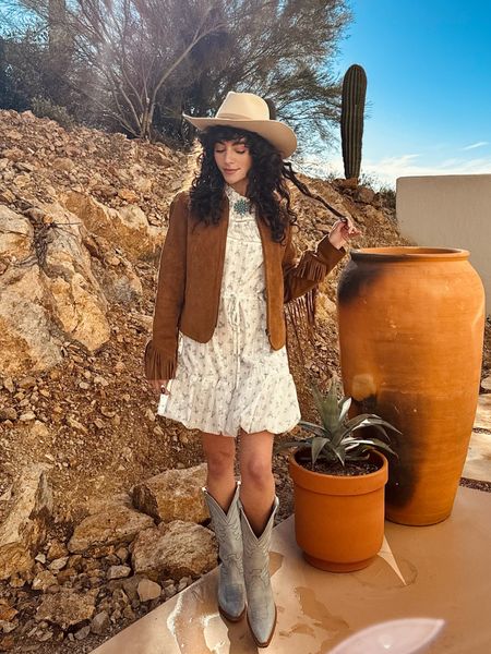 Rodeo Outfit inspiration in head to toe Tecovas. This fringe jacket has been on repeat for the last few months. Love it paired with this western floral dress and light blue cowgirl boots.  Perfect date night look too! 

#LTKstyletip