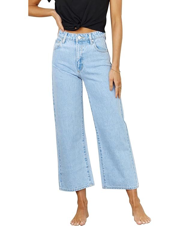 PLNOTME Womens High Waisted Capri Jeans Boyfriend Baggy Straight Leg Cropped Denim Pants | Amazon (US)