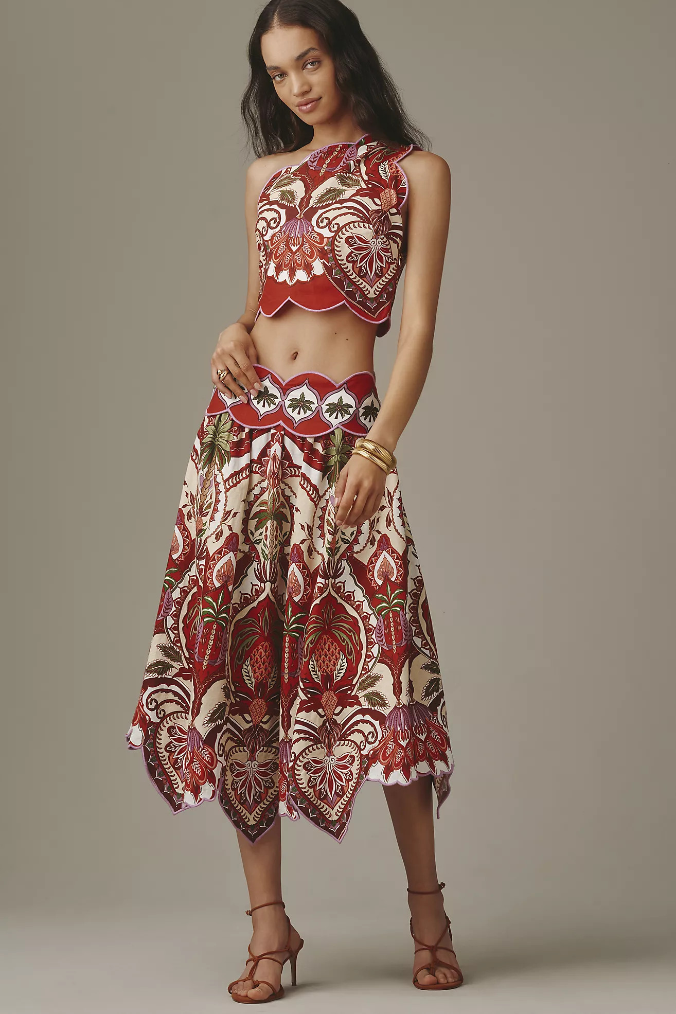 Farm Rio Odara Linen Blend Scalloped Midi Skirt | Anthropologie (US)