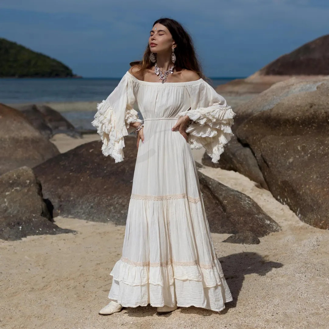Tiered Ruffle Gown – Cream Cotton Off-shoulder Boho Maxi Dress | Alba. - Etsy | Etsy (US)