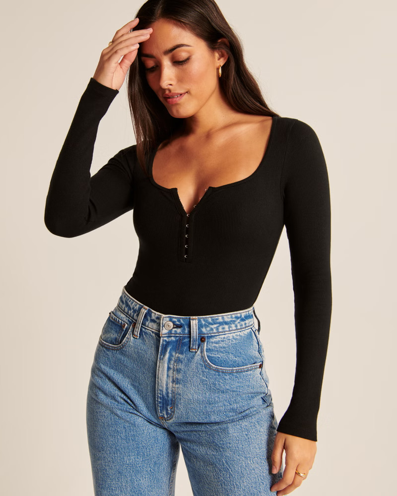 Long Sleeve Hook-and-Eye Henley Bodysuit | Abercrombie & Fitch (US)