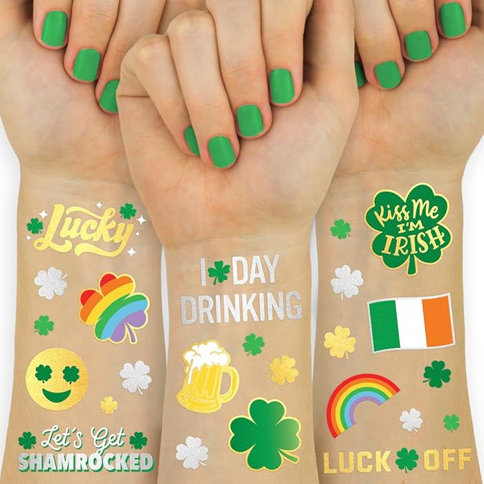 xo, Fetti St Patricks Day Temporary Tattoos - 54 Glitter Styles | Shamrock Supplies, Kiss Me I'm ... | Amazon (US)