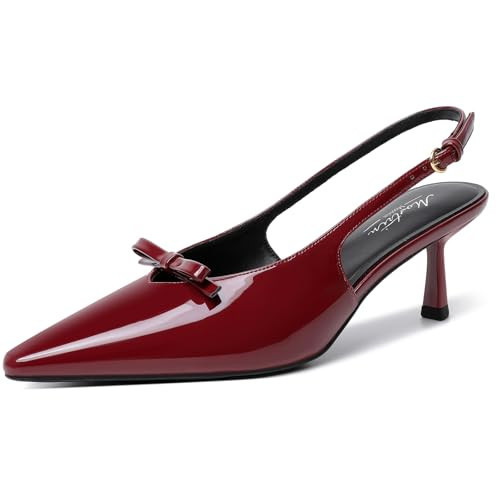 Mostrin Burgundy Kitten Heels for Women Pointed Closed Toe Stilettos Slingback Low Heel Bow Pumps Dress Shoes for Daily Party Wedding Size 7 | Amazon (US)