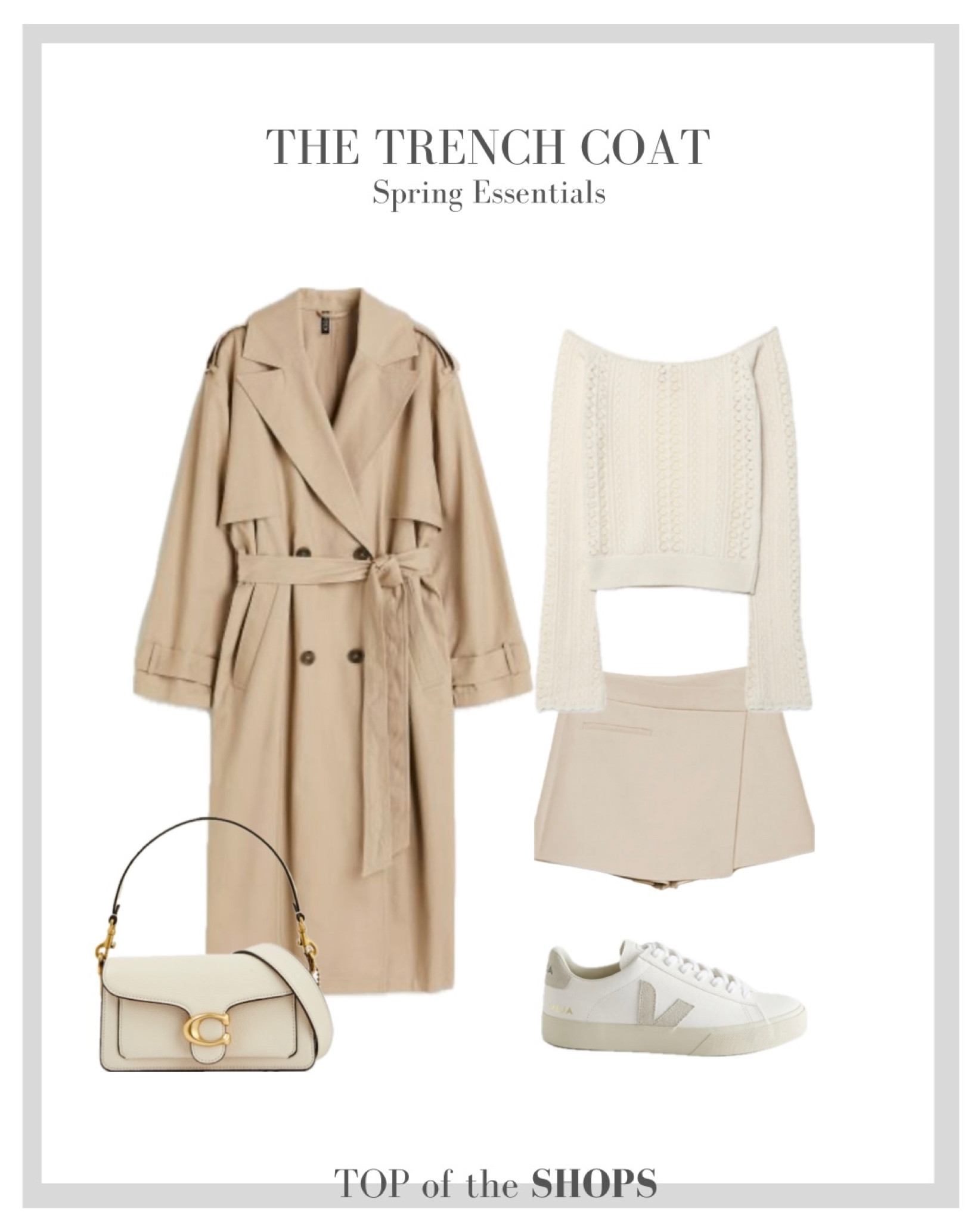 Spring Style, Spring Outfit Inspiration, Trench Coat, High Street Trench Coats, H&M, & Other Stories, Mango, Wardrobe Staple, Capsule Wardrobe, beige skorts, off the shoulder cream sweater, Veja Trainers, Coach Bag 

#LTKSeasonal #LTKstyletip #LTKeurope