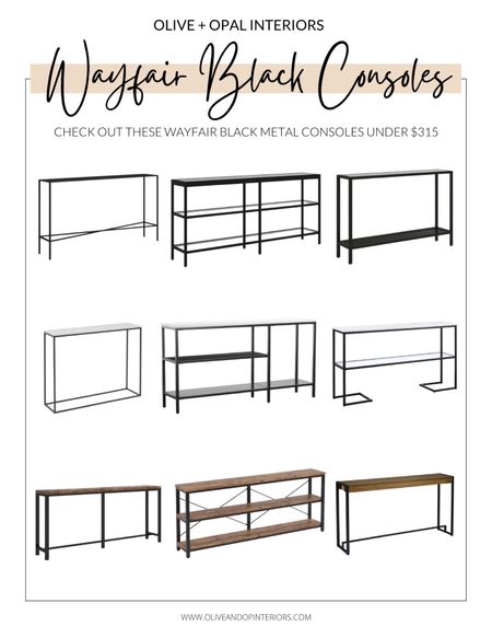 Check out these black metal console tables from Wayfair - all under $315!
.
.
.
Black Metal
Glass
Faux Marble 
Wood
Industrial 
Modern 
Farmhouse
Transitional 
Sleek

#LTKbeauty #LTKstyletip #LTKhome