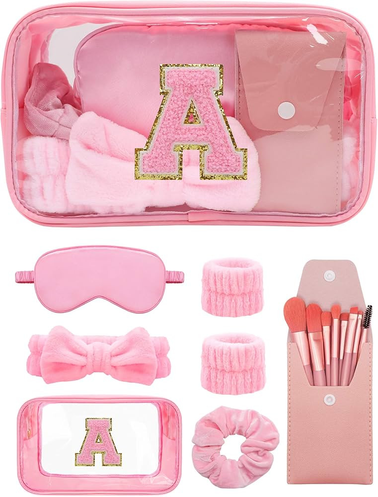 Gift Sets for Women, Initial Makeup Bag with Makeup Brush Set Bachelorette Party Favors, Pink Spa... | Amazon (US)