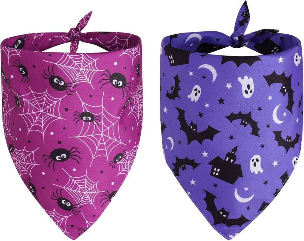 hoyuwak 2 PCS Halloween Dog Bandanas Purple Ghost Bat Triangle Reversible Pet Scarves for Small M... | Amazon (US)