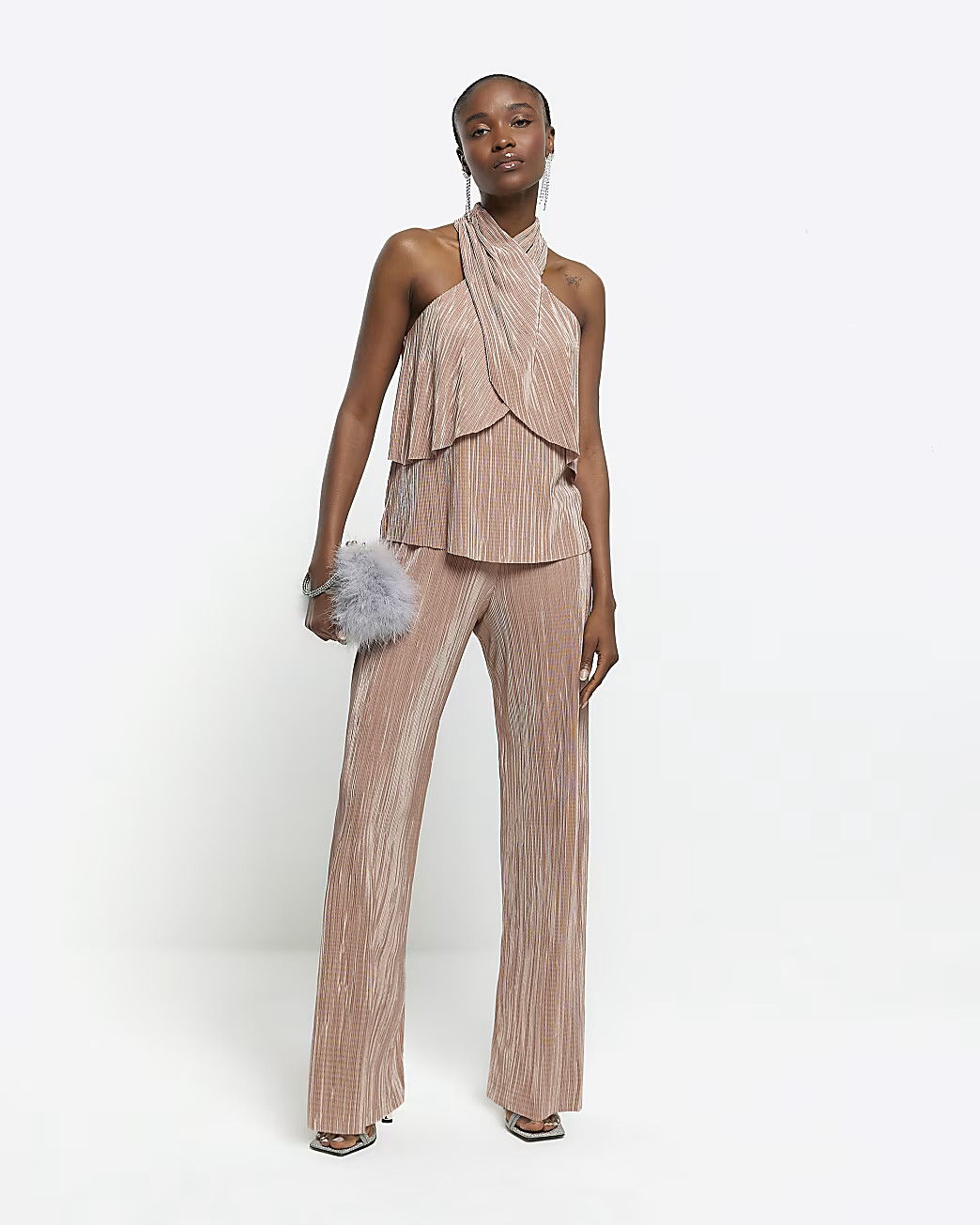 Rose gold plisse flare trousers | River Island (UK & IE)