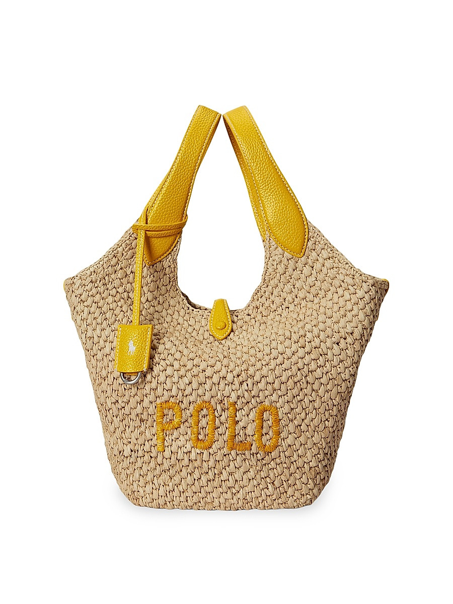 Women's Medium Logo Raffia & Leather Tote Bag - Natural And Canary Yellow | Saks Fifth Avenue
