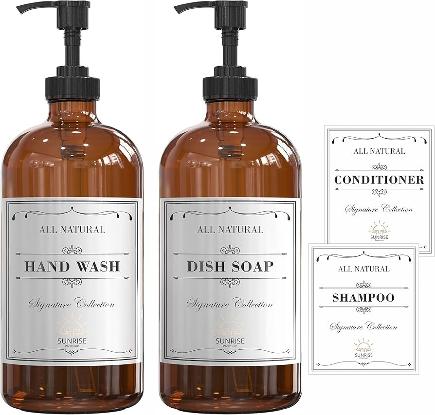 Sunrise Premium Amber Glass Soap Dispenser with Plastic Pump, 16 Oz Pack of 2 Brown Dish and Hand... | Amazon (US)