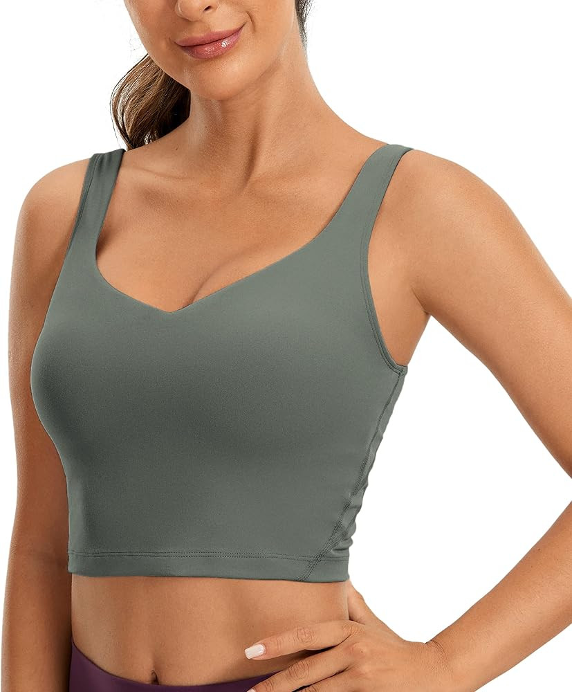 CRZ YOGA Butterluxe Womens V Neck Longline Sports Bra - U Back Padded Crop Workout Tank Tops with... | Amazon (US)