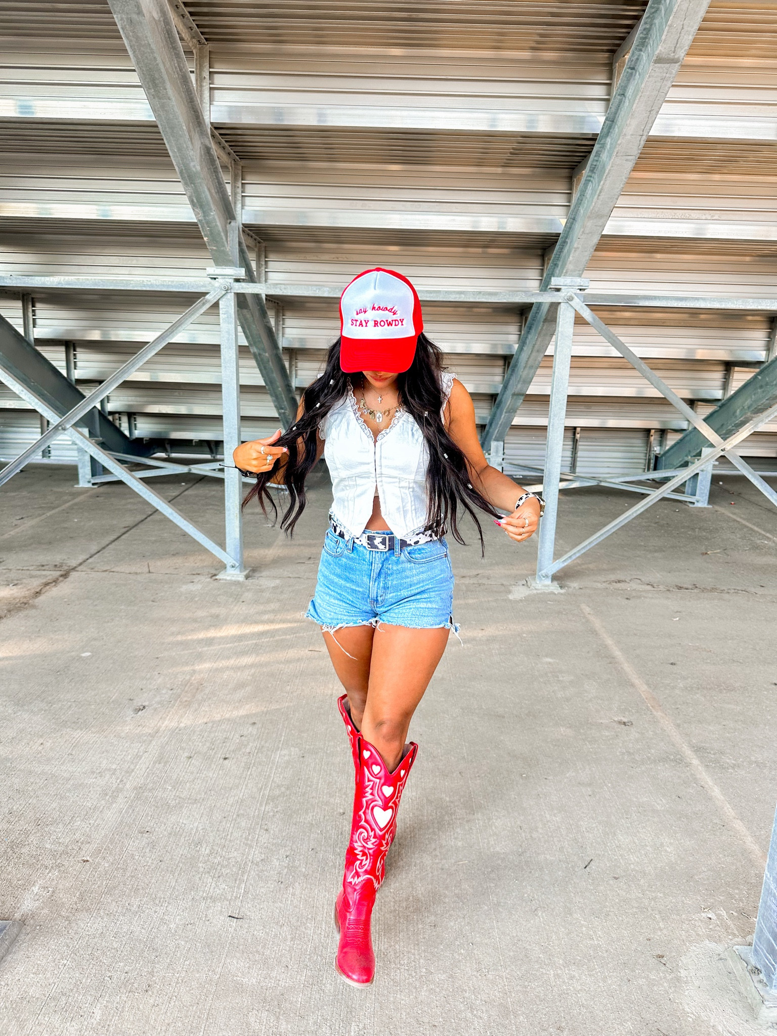 Western fashion rodeo outfit red cowboy boots and trucker hat 

#LTKFindsUnder100 #LTKStyleTip #LTKFindsUnder50