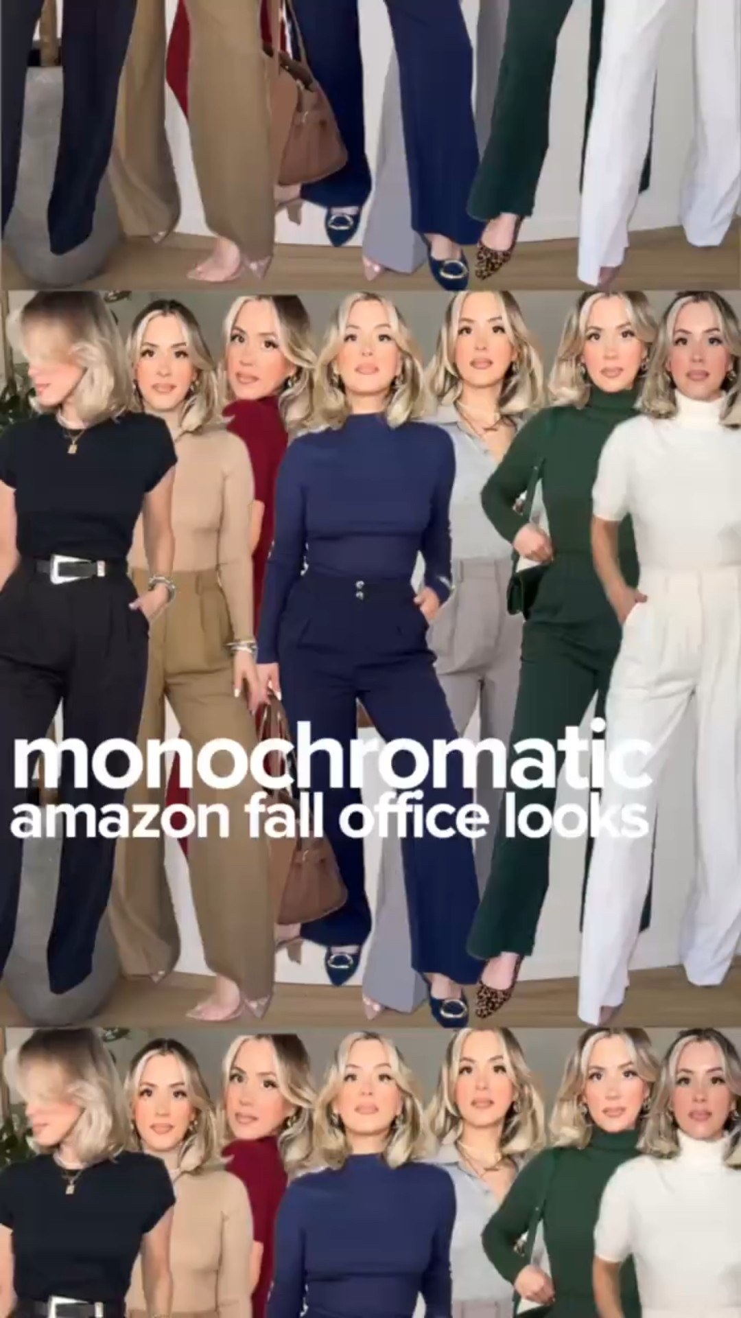 Monochromatic FALL OFFICE looks featuring the BEST AMAZON TROUSERS 👏🏼😮‍💨👌🏼‼️

✔️Small on all tops 
✔️ black, ivory, tan, and grey wide leg trousers are all the SAME style except different colors. I wear THAT style in a SMALL LONG THIN ‼️
✔️ small on all other trousers

I've owned all of these trousers for literal years! They all have great stretch all the wide leg trousers have elastic in the back with functional pockets. Very nice quality. 

The lighter color trousers may be a bit see-through at times hence why I wear the nude boy shorts. 



#LTKWorkwear #LTKootd #LTKFindsUnder50