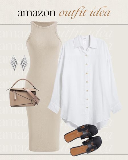 Amazon outfit idea ✨ ribbed dress, white button down shirt, sandals, silver earrings 

#LTKfindsunder100 #LTKstyletip #LTKfindsunder50