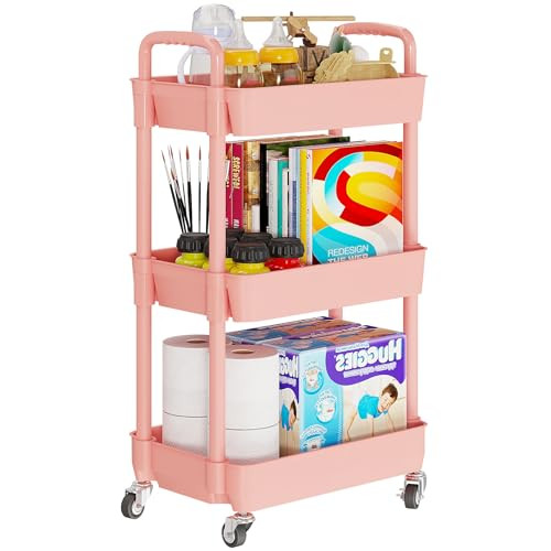 Laiensia 3-Tier Rolling Cart with Wheels,Multifunction Utility Storage carts, Kitchen Storage Organizer,Mobile Shelving Unit for Bathroom,Laundry,with Classified Stickers,Pink | Amazon (US)