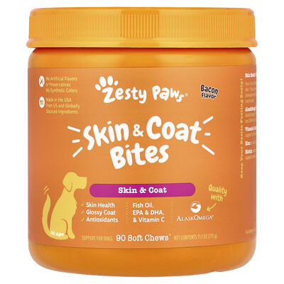 Zesty Paws, Skin & Coat Bites, For Dogs, All Ages, Bacon, 90 Soft Chews, 11.1 oz (315 g) | iHerb