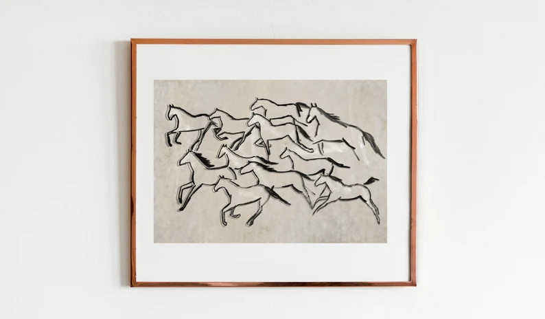 Abstract Horse Herd Print, Vintage Digital Horse Painting, Minimalist Horse Line Art, Rustic Farm... | Etsy (US)