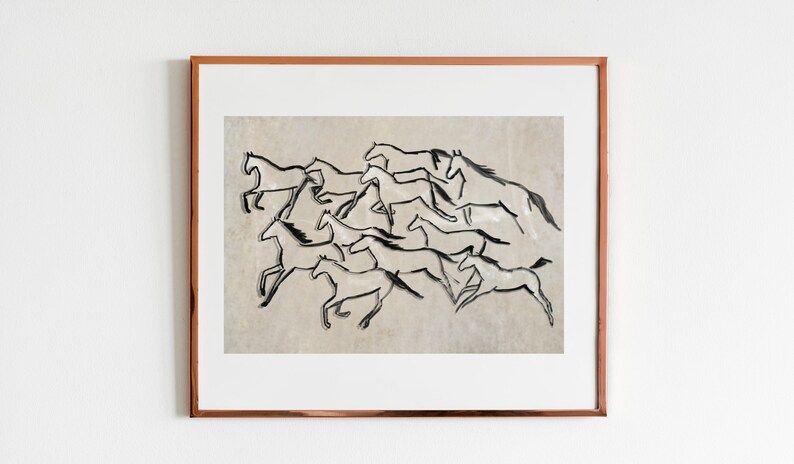 Abstract Horse Herd Print, Vintage Digital Horse Painting, Minimalist Horse Line Art, Rustic Farm... | Etsy (US)
