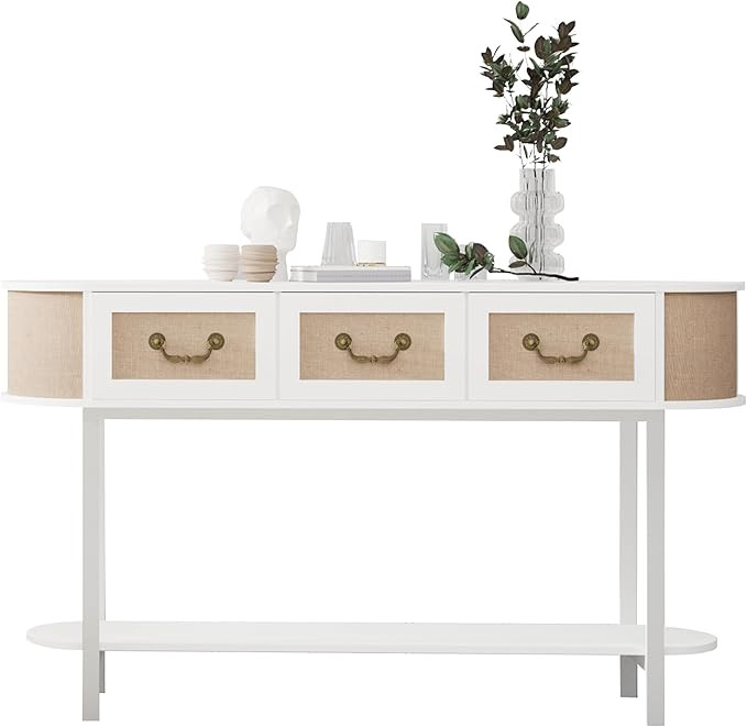 Rattan Entryway Table with Storage, White Narrow Oval Console Table with Drawers, 53.6" Long and ... | Amazon (US)
