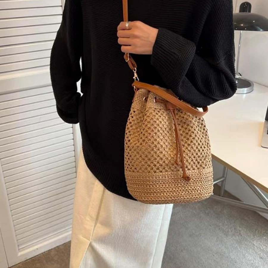 Straw Bucket Bag, Straw Shoulder Bag, Bucket Purse, Strap Beach Wicker Purse Drawstring Closure, ... | Amazon (US)