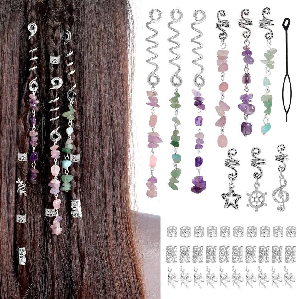 40Pcs Hair Jewelry for Braids, hoyuwak Natural Colored Crystal Stone Hair Braid Accessories Metal... | Amazon (US)