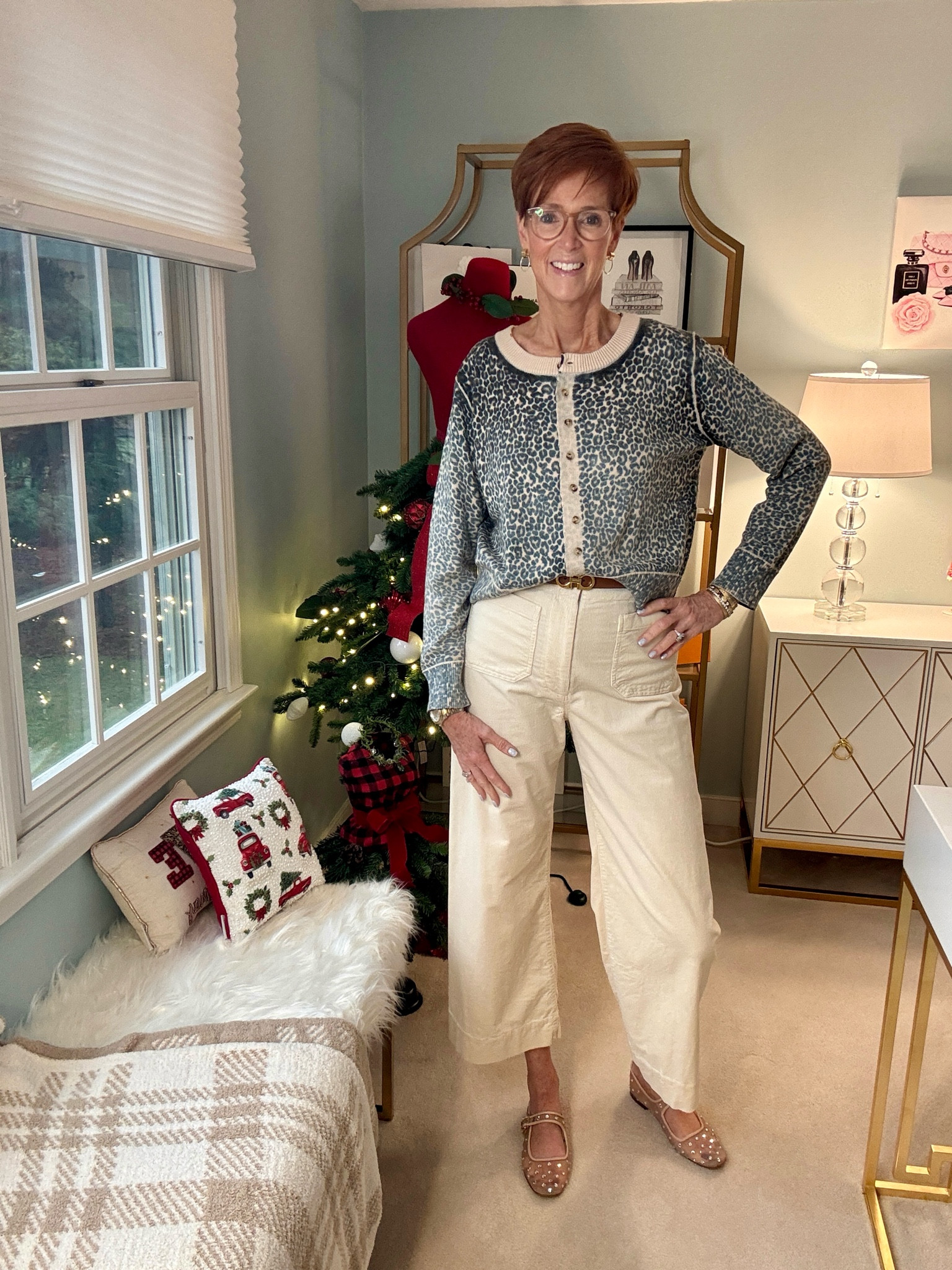 OOTD always choose leopard! It will never go out of style.
Wearing a very soft and affordable leopard sweater from Amazon size medium paired with a pair winter white cords from Anthropologie.

Hi! For reference, I am 55 years old, I am 6’1”. I have a 35” inseam. I wear a small or medium in most tops, an 8 or a 10 in most bottoms, an 8 in most dresses, and a size 9 shoe. 

Make sure to subscribe to my newsletter found in my bio so you don’t miss on out on my must have favorites! And download the LTK app, follow my LTK shop, and favorite this post or your favorite items to get notified when they go on sale!

Over 50 fashion, tall fashion, workwear, everyday outfits, timeless outfits, Classic Outfits

Holiday party outfit, holiday dress, winter outfit, travel outfit, gift guide, gift guide for her, gift guide for him, stocking stuffers, Christmas decor, Christmas tree, leopard jeans, ballet flats, gift guides, wedding guest, vacation outfit, travel essentials, organization

#LTKOver40 #LTKStyleTip #LTKFindsUnder100