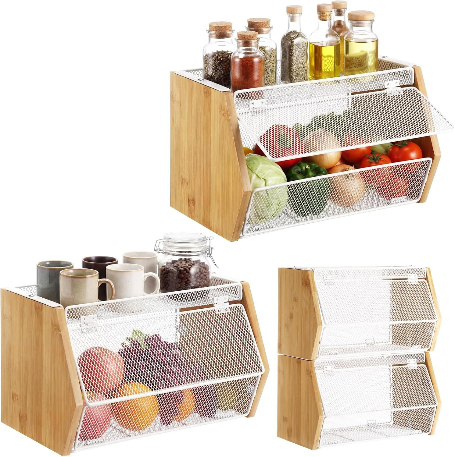 2 Pcs Stackable Mesh Fruit Basket with Lid, Wall Mounted Fruit Basket Snack Onion Potato Storage ... | Amazon (US)