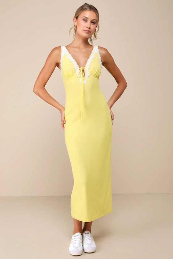 Ray of Charm Yellow Mesh Lace Sleeveless Midi Dress | Lulus