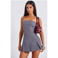 Petite Charcoal Woven Bandeau Fitted Playsuit, Grey | PrettyLittleThing UK