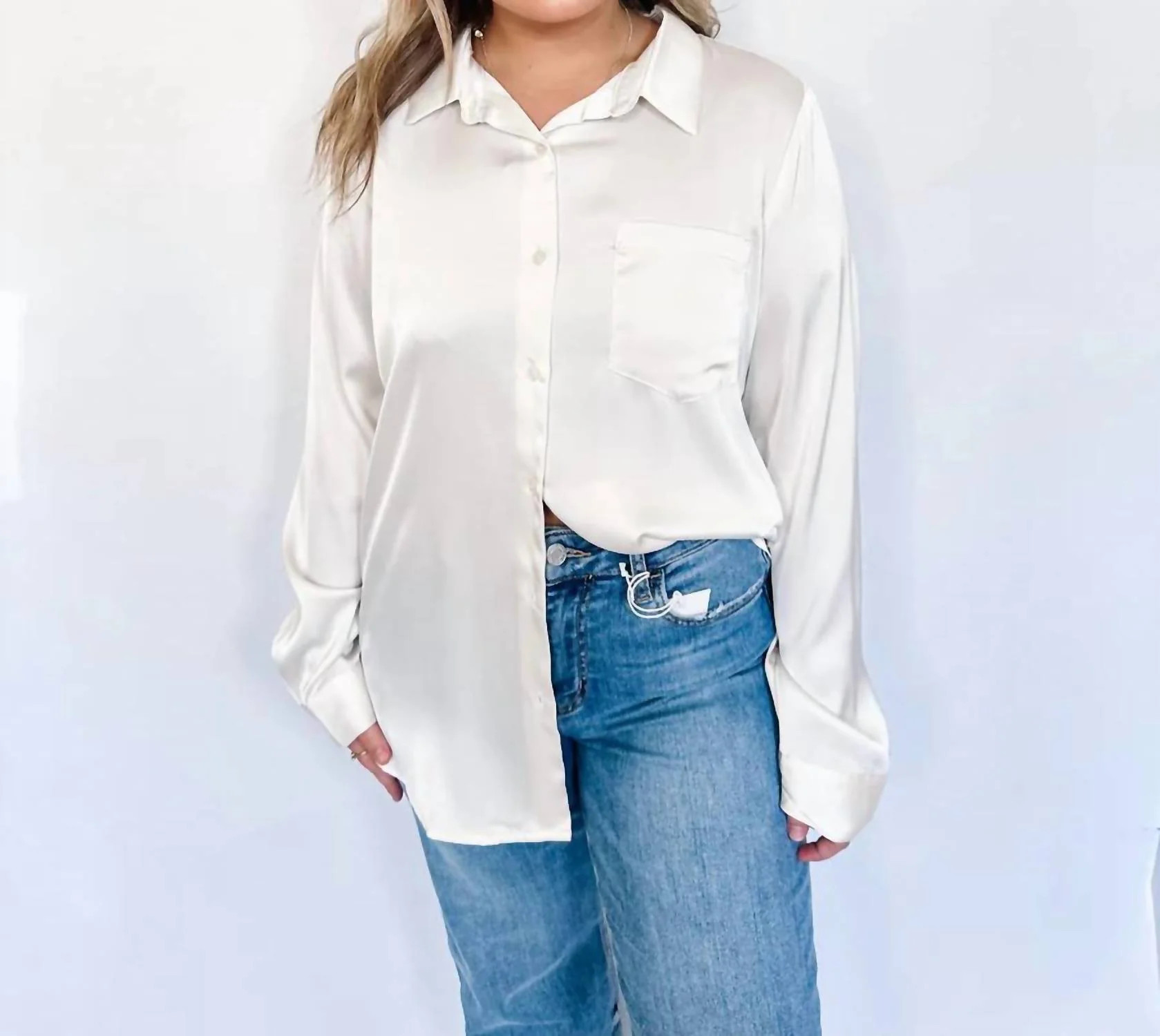 Satin Button Up Top In Ivory | Shop Simon