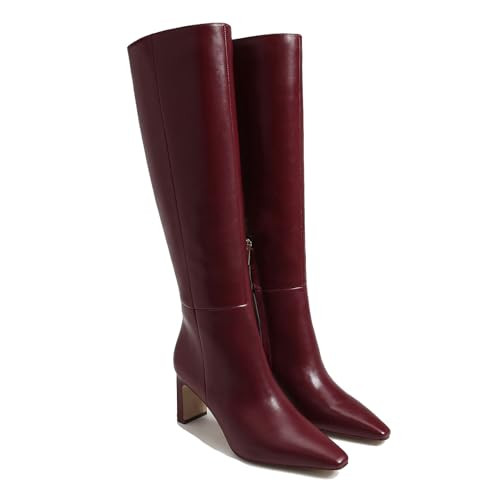 Burgundy Knee High Boots for Women Square Toe Chunky Heeled Wide Calf Boots with Side Zipper Fall Dress Elastic Tall Boots | Amazon (US)