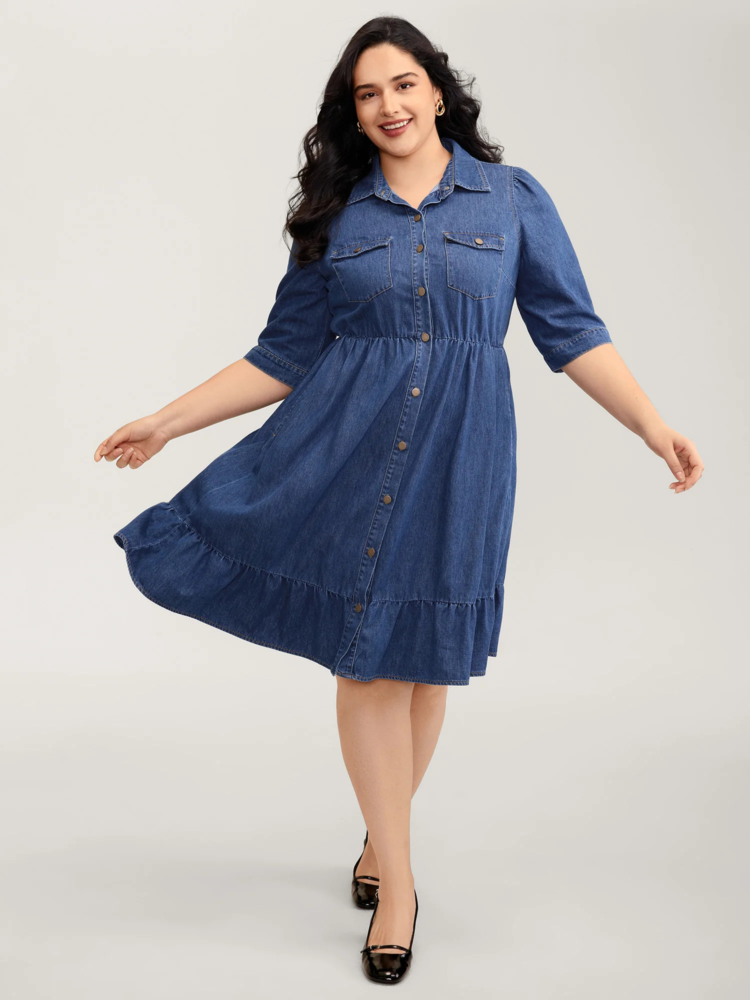 Denim Ruffled Hem Pockets Shirt Dress | Bloomchic