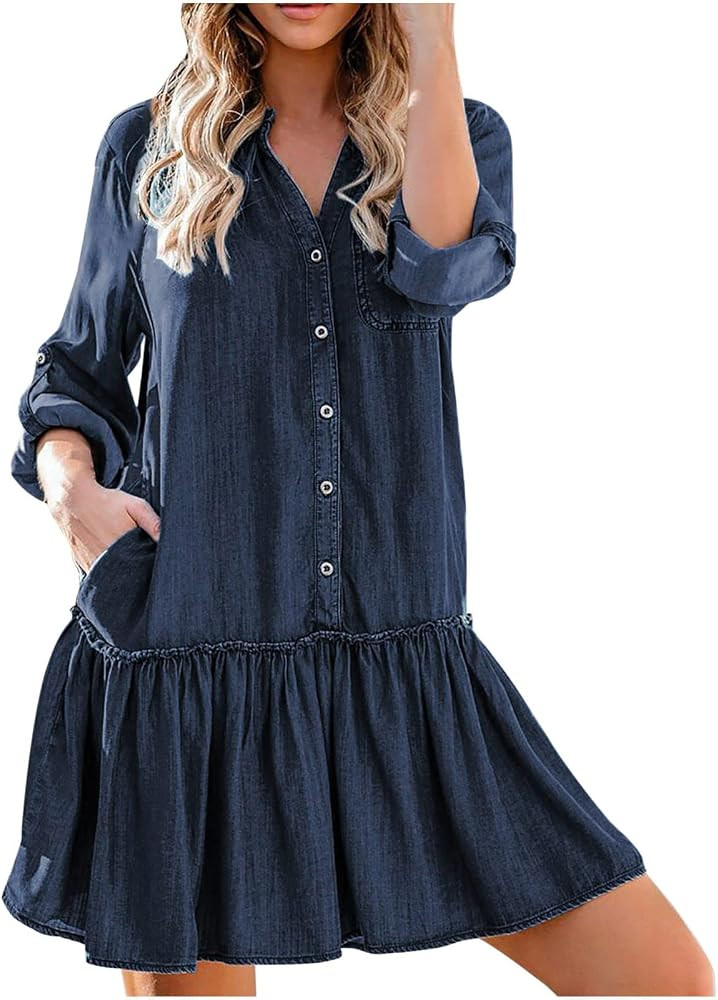 NaRHbrg Women's Denim Dress Plus Size Jean Button Neckline V-Neck Dresses Paneled Skirts Single -Bre | Amazon (US)