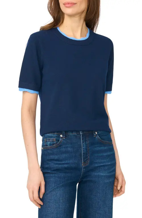CeCe Lace Trim Short Sleeve Crewneck Sweater in Blue Midnight at Nordstrom, Size Small | Nordstrom