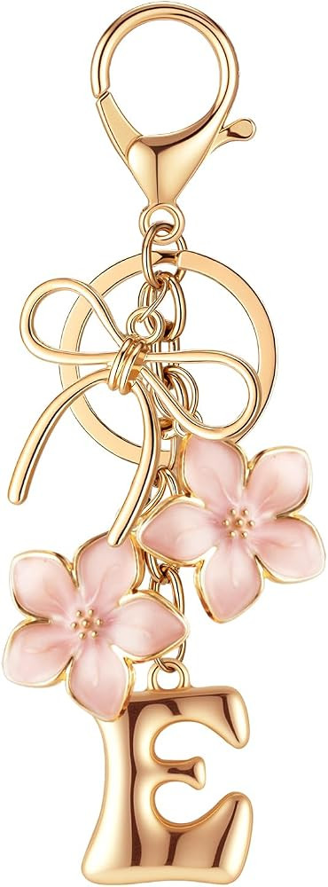 XGALBLA Gold Bubble Initial Letter Bow & Flower Keychain- Flower Letter Keychain for Women, Bag &... | Amazon (US)