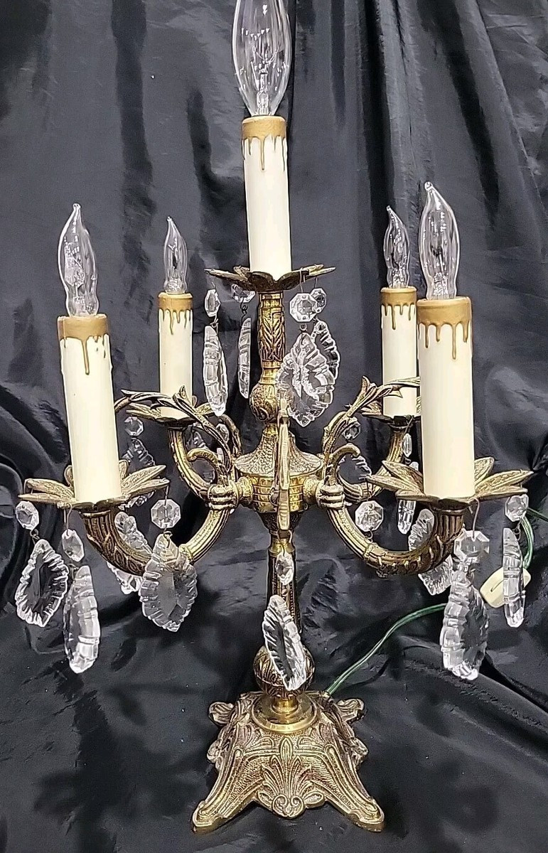 Vintage Electric Brass Table Candelabra Ornate Crystal 5 Light 21 Prisms Antique  | eBay | eBay US