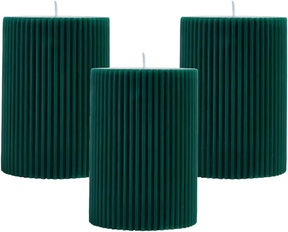 3-Pack Christmas Candle Green Ribbed Pillar Candles Unscented, 2.75x4 Inches Dark Green Candles Handmade, Aesthetic Decorative Textured Candle Set for Home Holiday Décor | Amazon (US)
