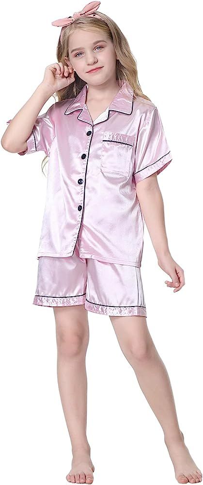 Schbbbta Girls Satin Pajamas Set, 2Piece Teens Silk Nightwear, Button-Down Sleepwear for Kids, 3 Yea | Amazon (US)