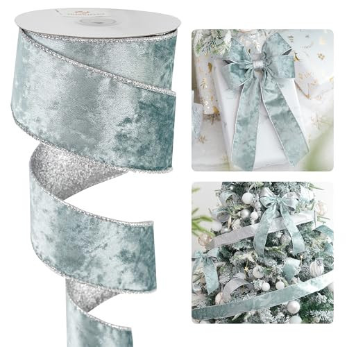 HUIHUANG Dusty Blue Velvet Wired Ribbon 2.5 inch Blue Velvet Ribbon with Glitter Silver Christmas Ribbon for Gift Wrapping, Tree Decorations, Bows, Wreath, Garlands, Home Decor- Continuous 10 Yards | Amazon (US)