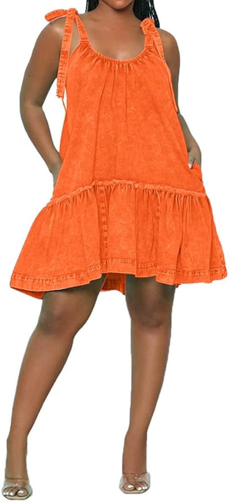 Women Denim Cami Dress Tie Shoulder Ruffle Hem Short Dresses Babydoll Wash Jean Sundress with Poc... | Amazon (US)