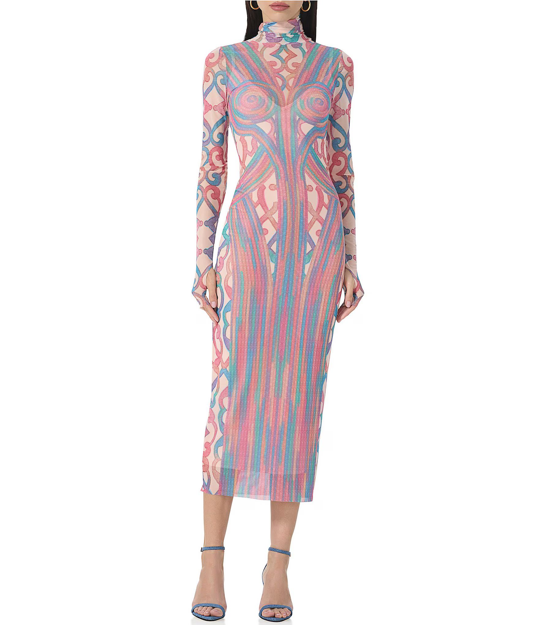 Shailene Printed Mesh Turtleneck Long Sleeve Midi Dress | Dillard's