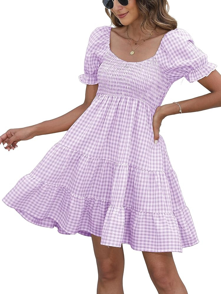 Dokuritu Women's Dresses Summer Plaid Gingham Checkered Cottagecore Puff Sleeve Smocked Cute Teen... | Amazon (US)