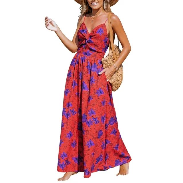 Cupshe Women's Twisted Dress V Neck Sleeveless Long Dress Floral Pleated Self Tie Back Adjustable... | Walmart (US)