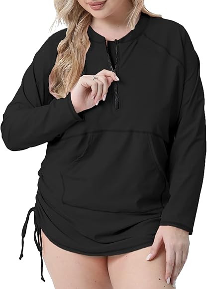 Halcurt Plus Size Rash Guard for Women UPF 50+ Zip Drawstring Ruched Pocket Top | Amazon (US)