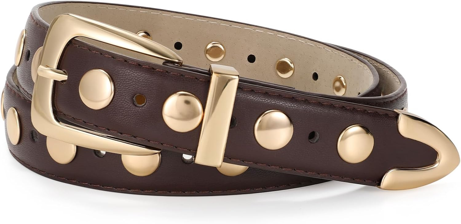 JASGOOD Women Leather Belt Fashion Studded Belt Ladies Punk Belt Vintage Leather Belt for Jeans Dress | Amazon (US)