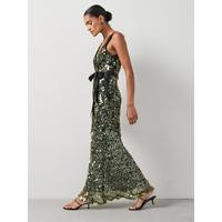 The Very Collection Sequin Disc Belted Maxi Dress - Green | Very (UK)