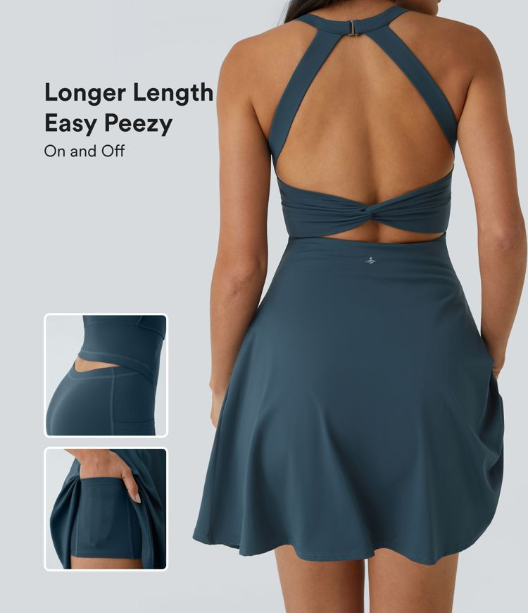 Backless Twisted Flare Low Support Dance Active Dress-Longer Length-Easy Peezy Edition A-C Cups | HALARA