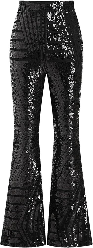 ODIZLI Womens Bell Bottom Sparkle Sequin Flare Pants Elastic High Waisted Bling Glitter Dance Pan... | Amazon (US)
