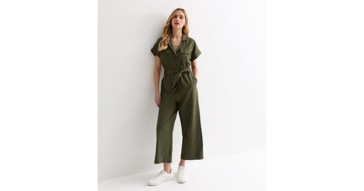 Khaki Short Sleeve Belted Utility Jumpsuit  | New Look | New Look (UK)