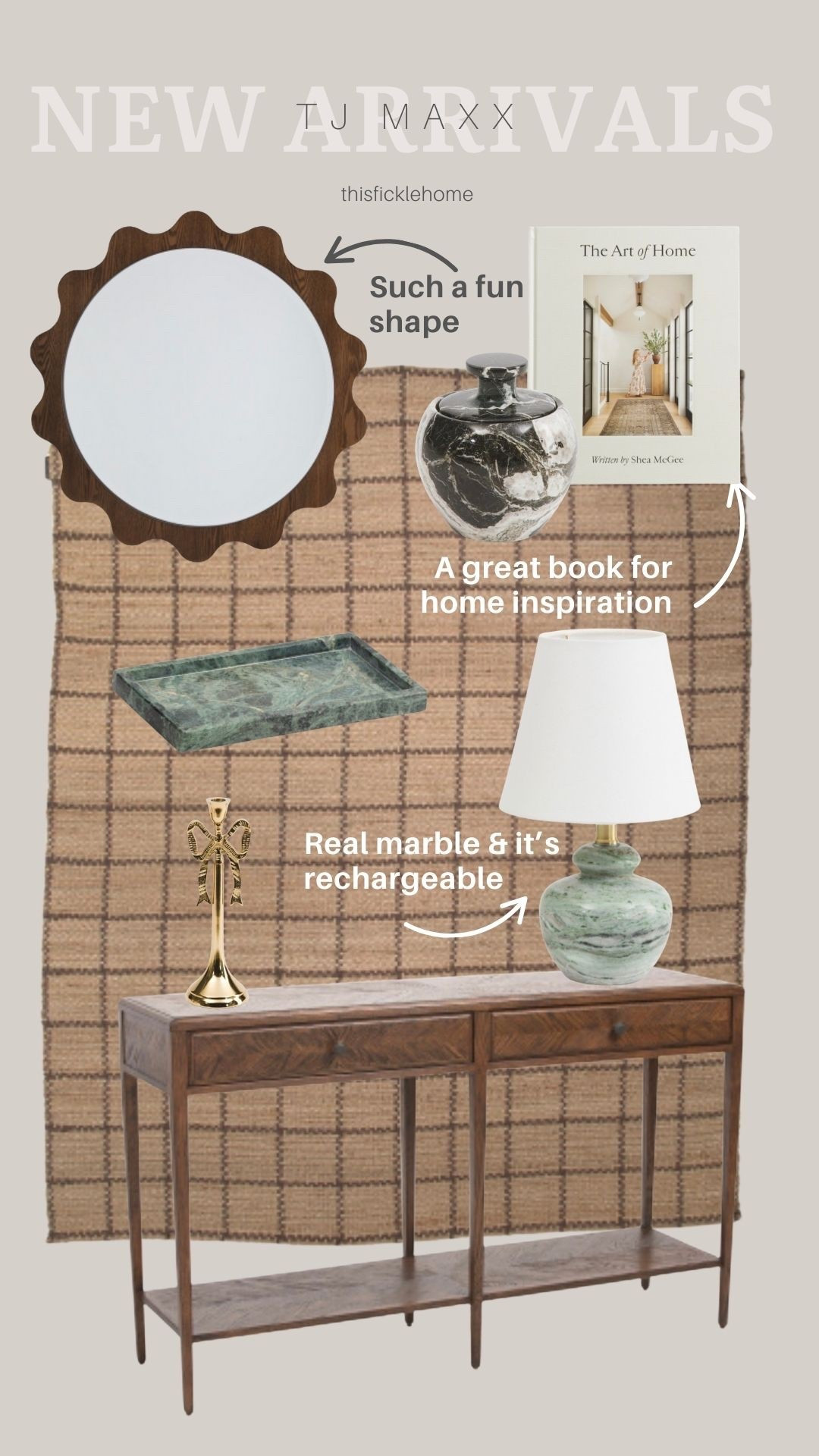 Entryway styling with affordable finds from TJ Maxx!

Jute rug
Console table
Marble lamp
Marble tray
Coffee table book
Marble canister
Round mirror

#LTKHome